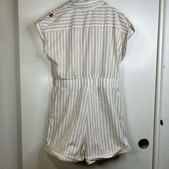 Milk & Honey Tan Cream Stripe Beach 100% Cotton Elastic Waist Romper Womens Med - Picture 2 of 10